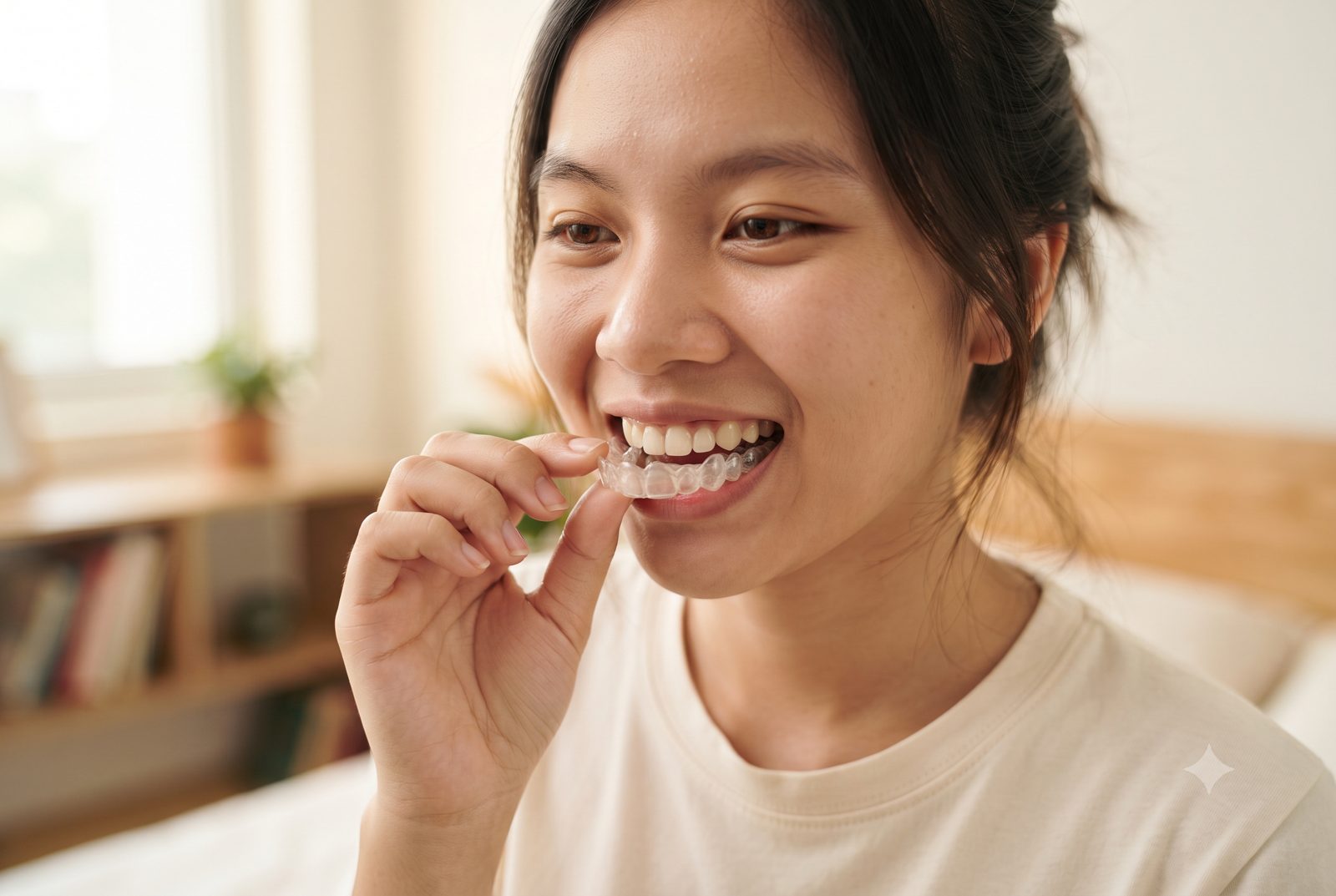 Cô gái cầm khay niềng trong suốt chuẩn bị đeo vào răng - ảnh minh hoạ niềng răng khay trong suốt cải thiện răng móm
