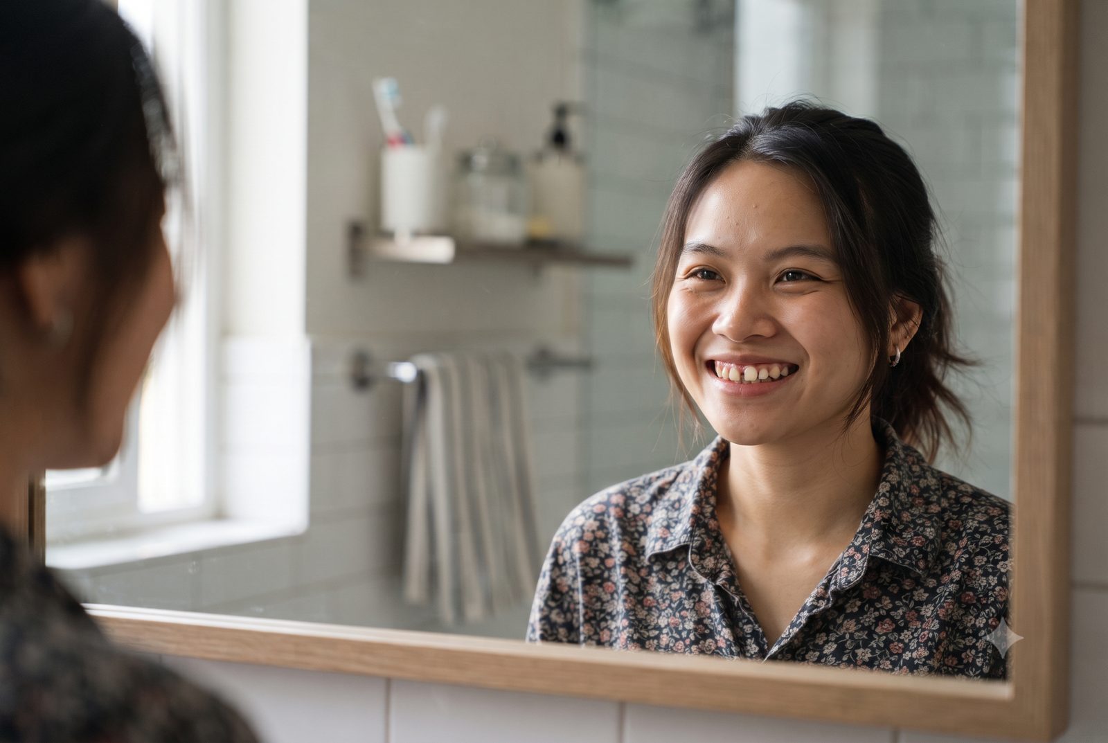 Cô gái cười e dè trước gương, hàm răng cửa có các khe thưa - ảnh minh hoạ răng thưa