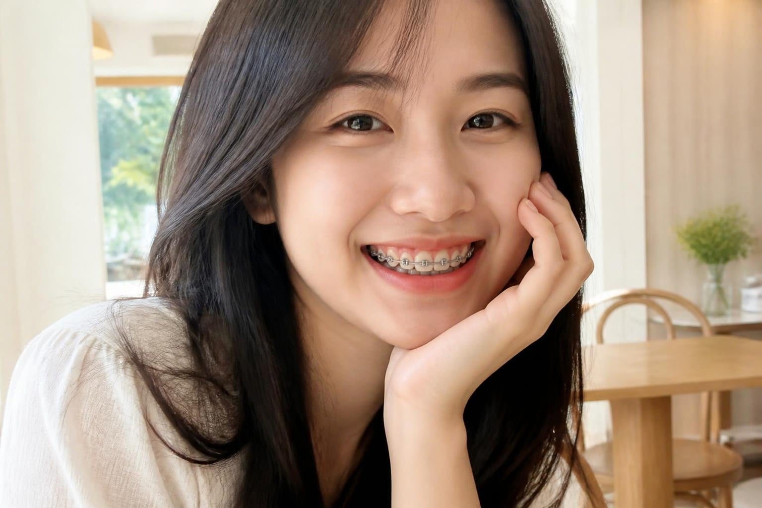 Cô gái đang niềng răng mắc cài kim loại cười tươi ở quán cà phê - ảnh minh hoạ niềng răng điều trị khớp cắn đối đầu