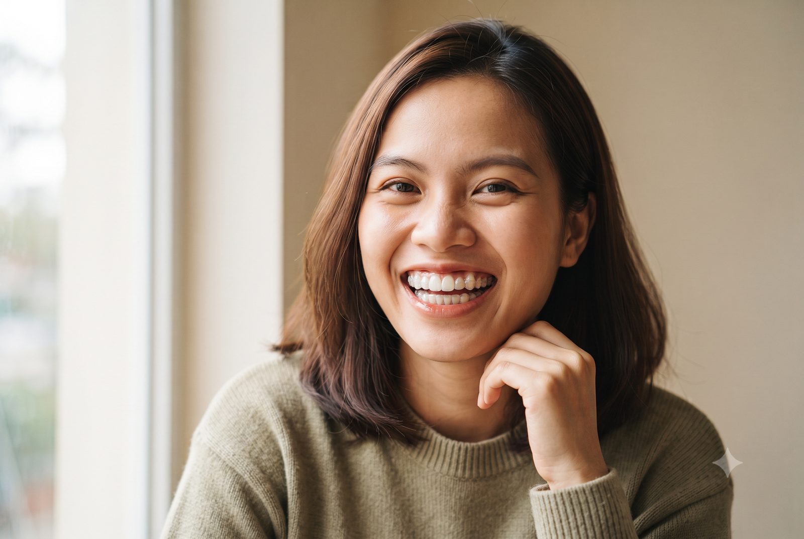 Cô gái cười tự tin, khay niềng trong suốt gần như không nhìn thấy - ảnh minh hoạ ưu điểm niềng răng trong suốt