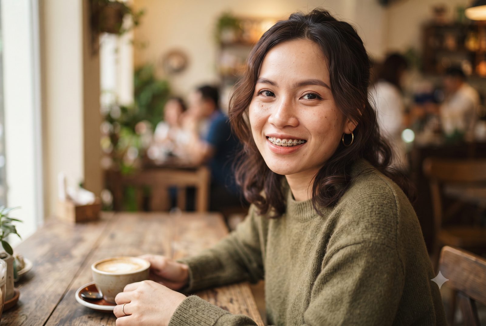 Cô gái mỉm cười với mắc cài sứ màu răng khi ngồi quán cà phê - ảnh minh hoạ niềng răng mắc cài sứ