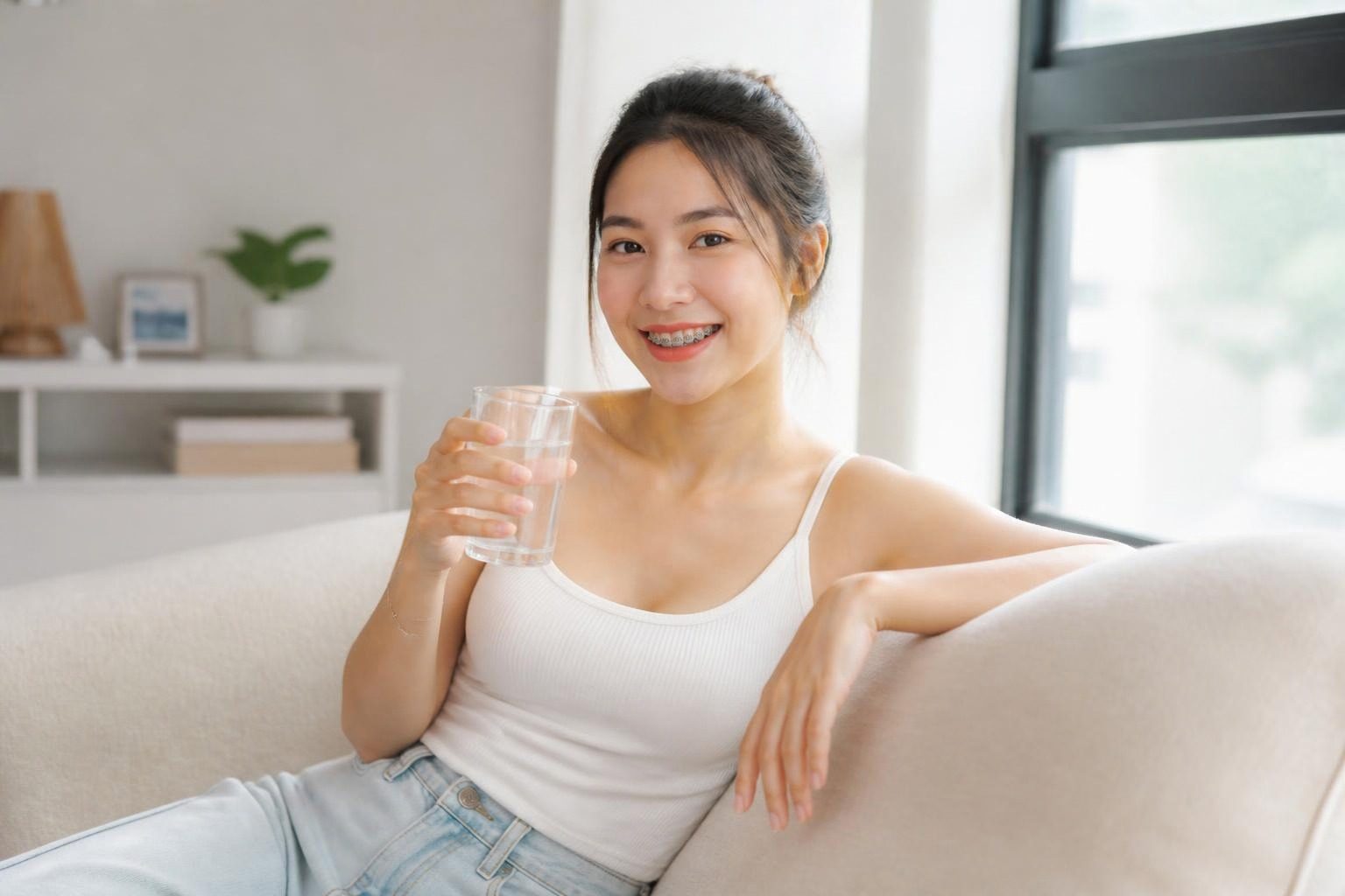 Cô gái đang niềng răng mắc cài cười tươi, ngồi thư giãn ở nhà - ảnh minh hoạ nhổ răng 4 khi niềng có nguy hại không