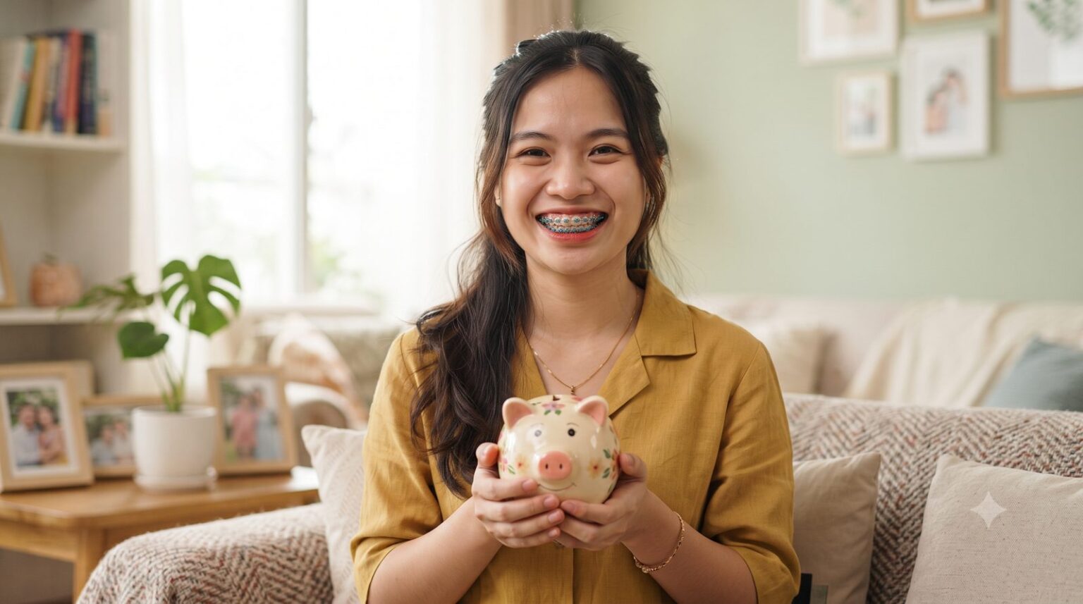Cô gái niềng răng mắc cài cười tươi ôm heo đất tiết kiệm - ảnh minh hoạ Nha khoa Bác sĩ Trung Long Biên