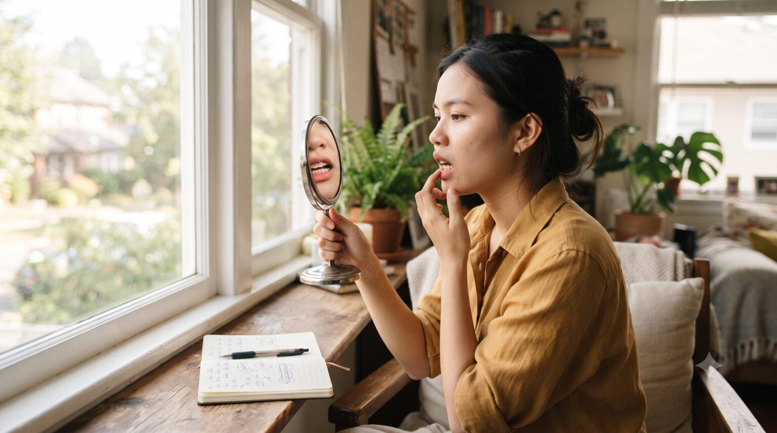 Cô gái ngồi bên cửa sổ soi gương, cân nhắc trước khi đi niềng răng - ảnh minh hoạ Nha khoa Bác sĩ Trung Long Biên