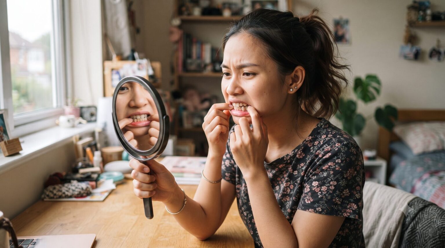 Cô gái cắn răng và soi gương kiểm tra khớp cắn lệch - ảnh minh hoạ Nha khoa Bác sĩ Trung Long Biên
