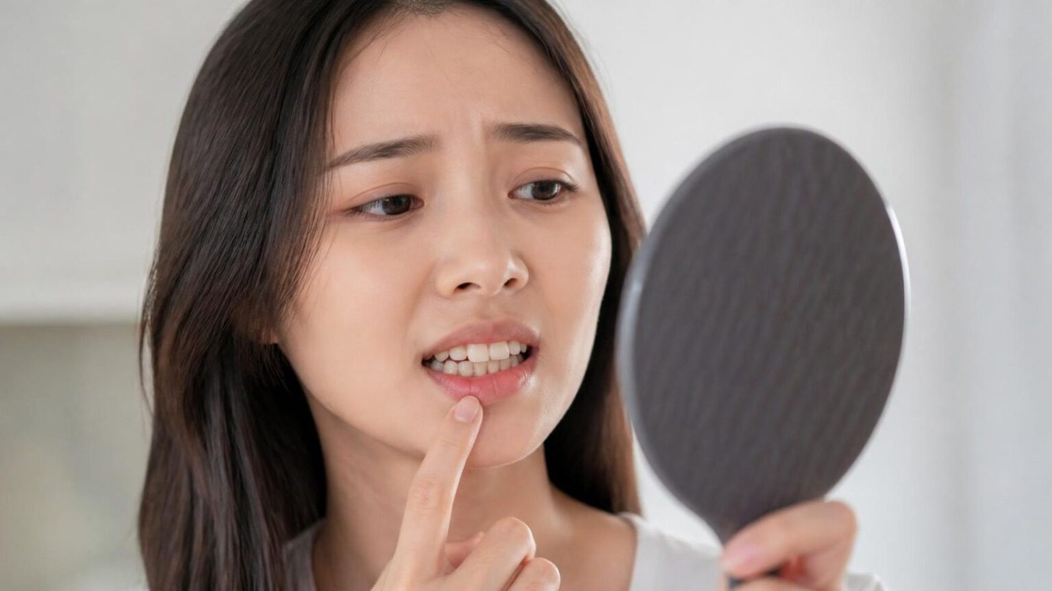 Cô gái cầm gương soi, lo lắng nhìn hàm răng lệch lạc - ảnh minh hoạ sai khớp cắn Nha khoa Bác sĩ Trung Long Biên
