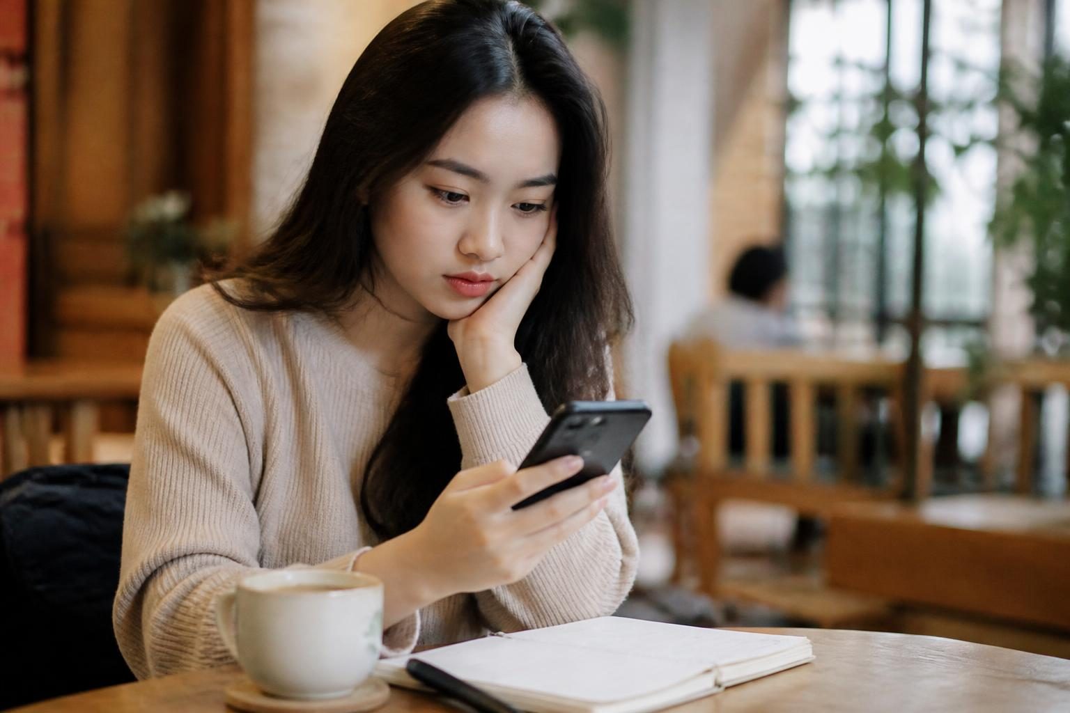 Cô gái ngồi quán cà phê đọc điện thoại tìm hiểu cách lựa chọn niềng răng phù hợp - ảnh minh hoạ
