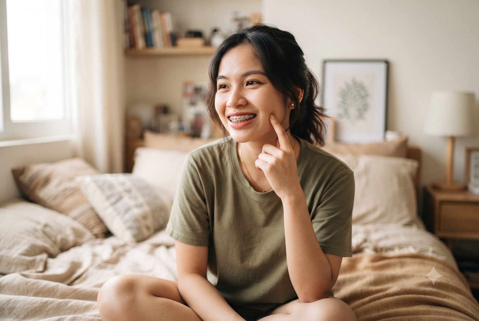 Cô gái đang niềng răng mắc cài chạm tay lên má gần răng hàm trong cùng, băn khoăn vì sao niềng răng đôi khi phải nhổ răng số 8 - ảnh minh hoạ
