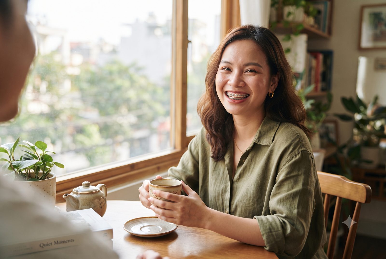 Cô gái ngồi bên cửa sổ uống trà, cười lộ hàm răng niềng mắc cài kim loại - ảnh minh hoạ niềng răng mắc cài là gì