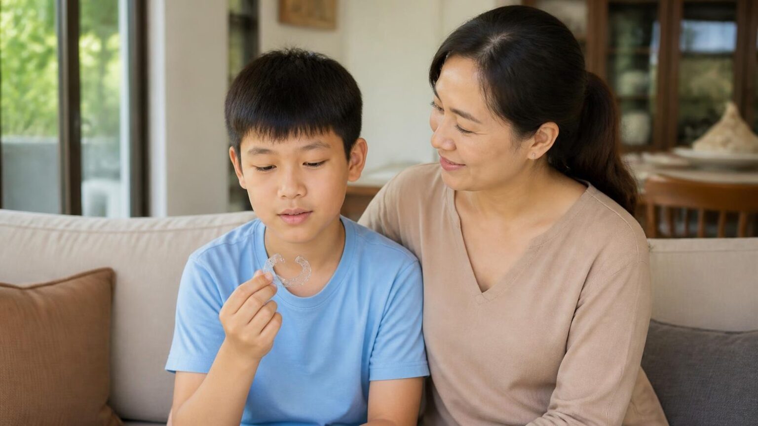 Mẹ ngồi động viên con trai cầm khí cụ chỉnh nha tháo lắp khi con không chịu đeo khí cụ - ảnh minh hoạ Nha khoa Bác sĩ Trung Long Biên