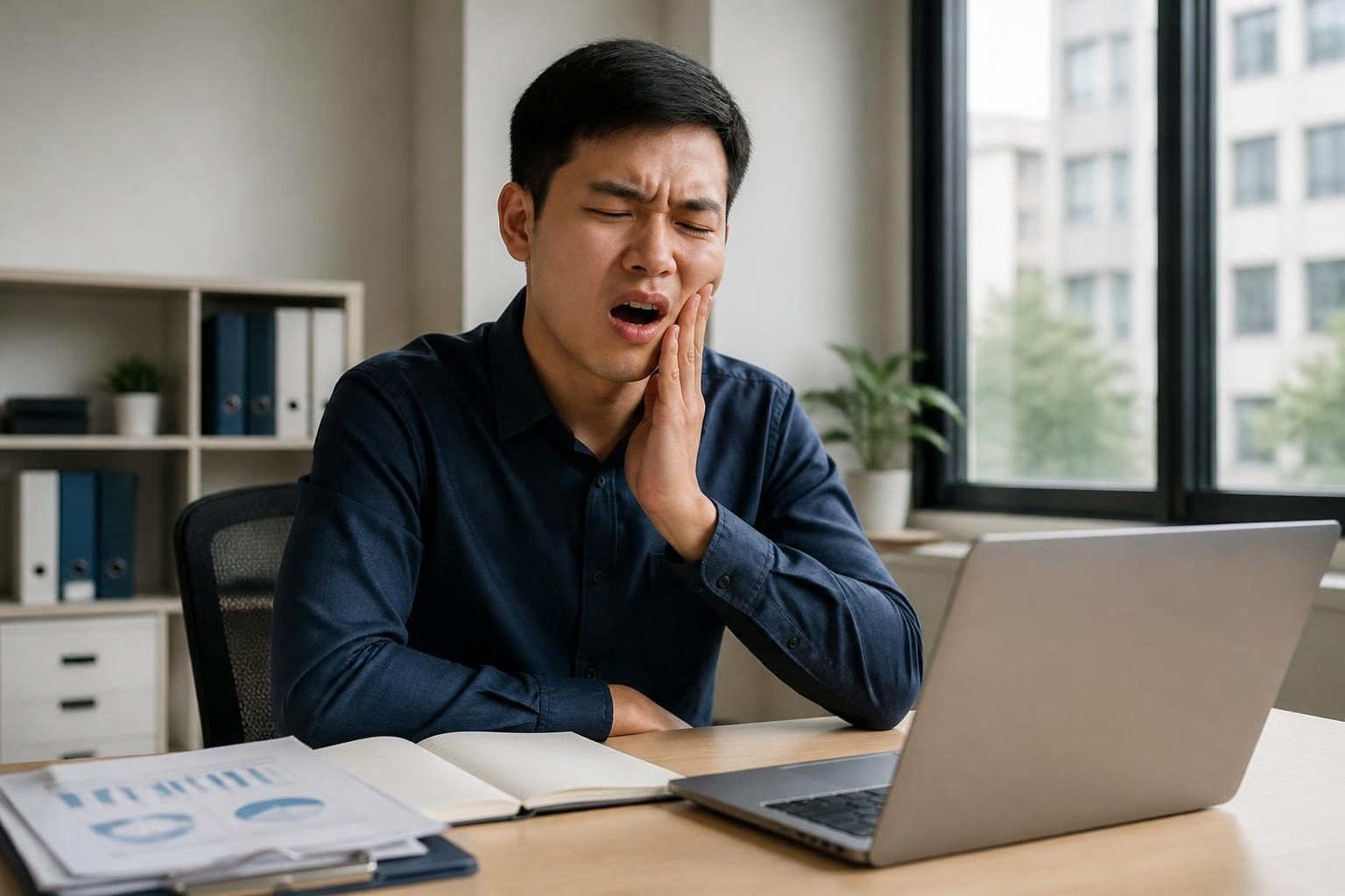 Chàng trai nhăn mặt ôm hàm vì đau khi há miệng lúc đang làm việc - ảnh minh hoạ nỗi đau khi bị khớp thái dương hàm
