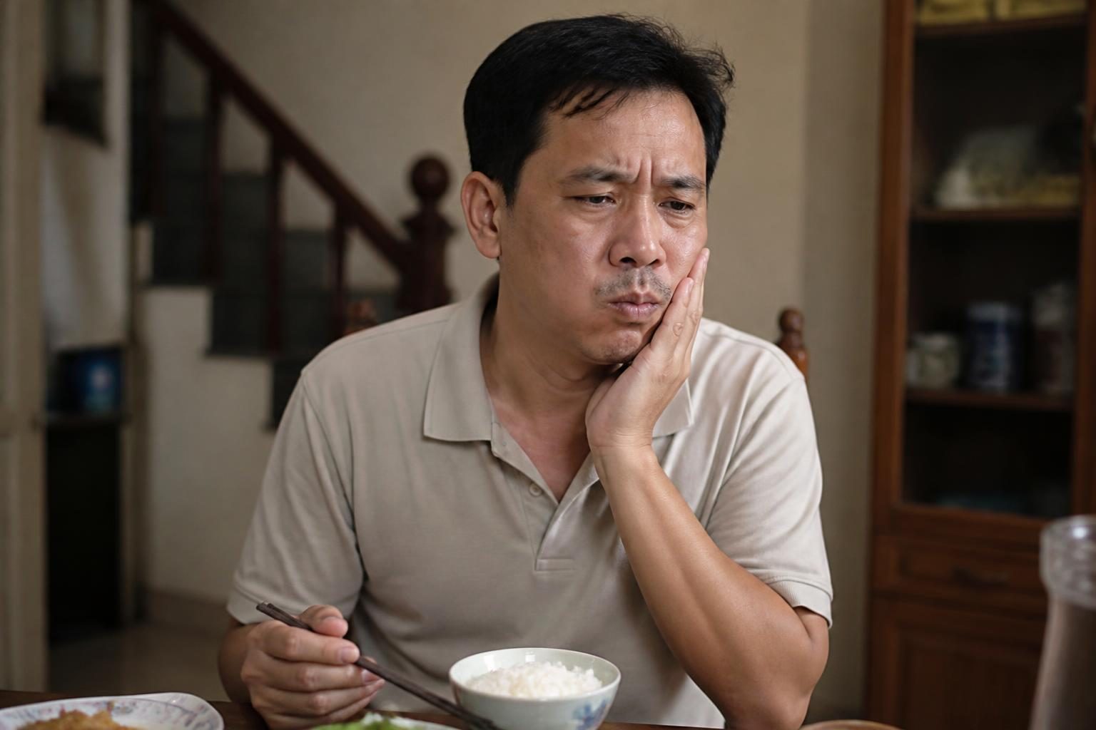 Người đàn ông dừng nhai, tay ôm má vì đau hàm trong bữa cơm - ảnh minh hoạ điểm cản trở khớp cắn gây đau