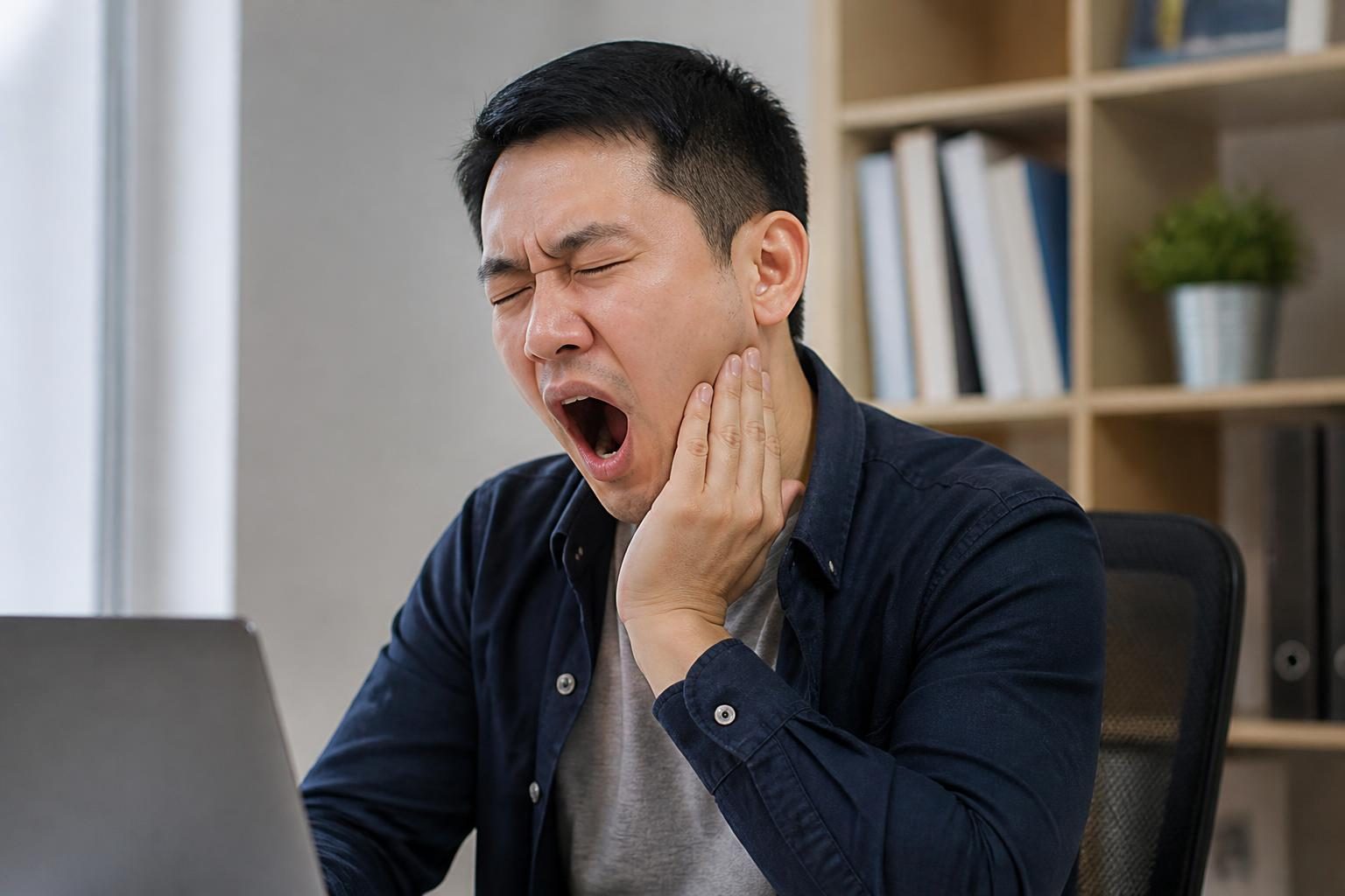 Người đàn ông ngáp và ôm hàm vì đau khi há miệng, biểu hiện của viêm khớp thái dương hàm - ảnh minh hoạ