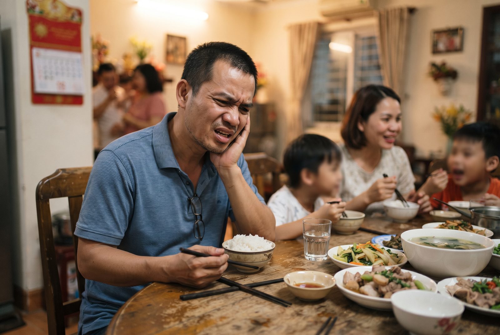 Người đàn ông ôm má vì cơn đau khớp thái dương hàm khi đang ăn cơm cùng gia đình - ảnh minh hoạ
