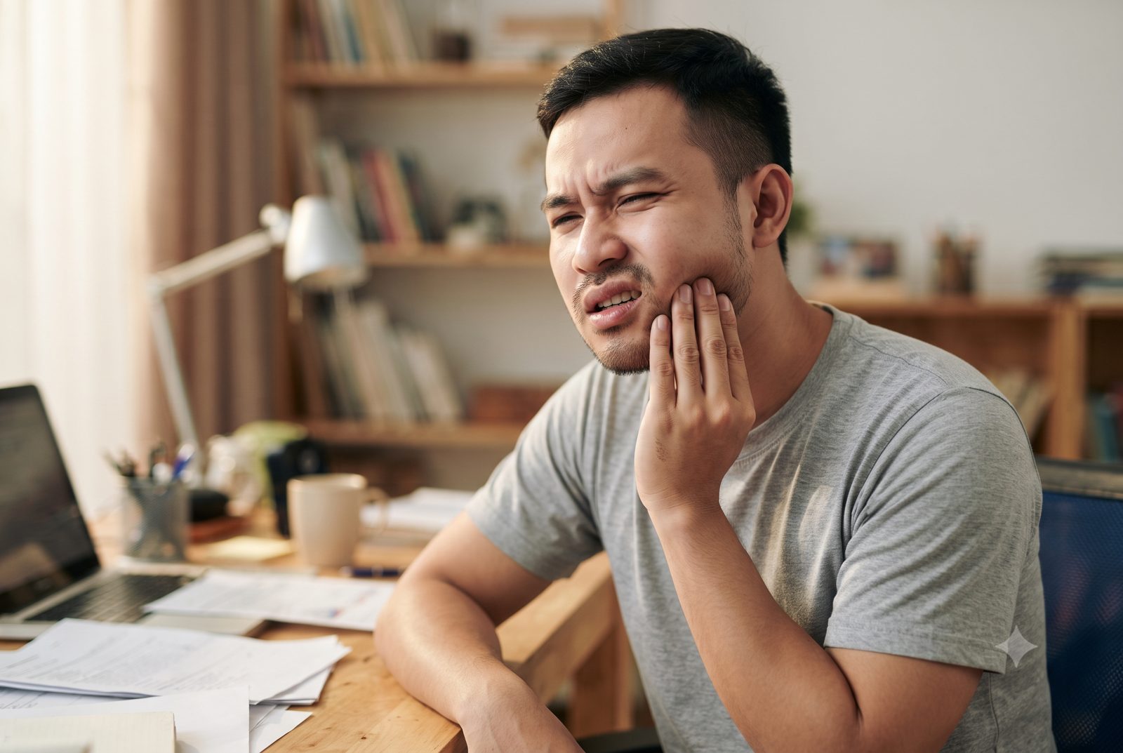 Người đàn ông ôm góc hàm dưới, má hơi sưng vì đau răng trong cùng - ảnh minh hoạ khi nào nên nhổ răng khôn