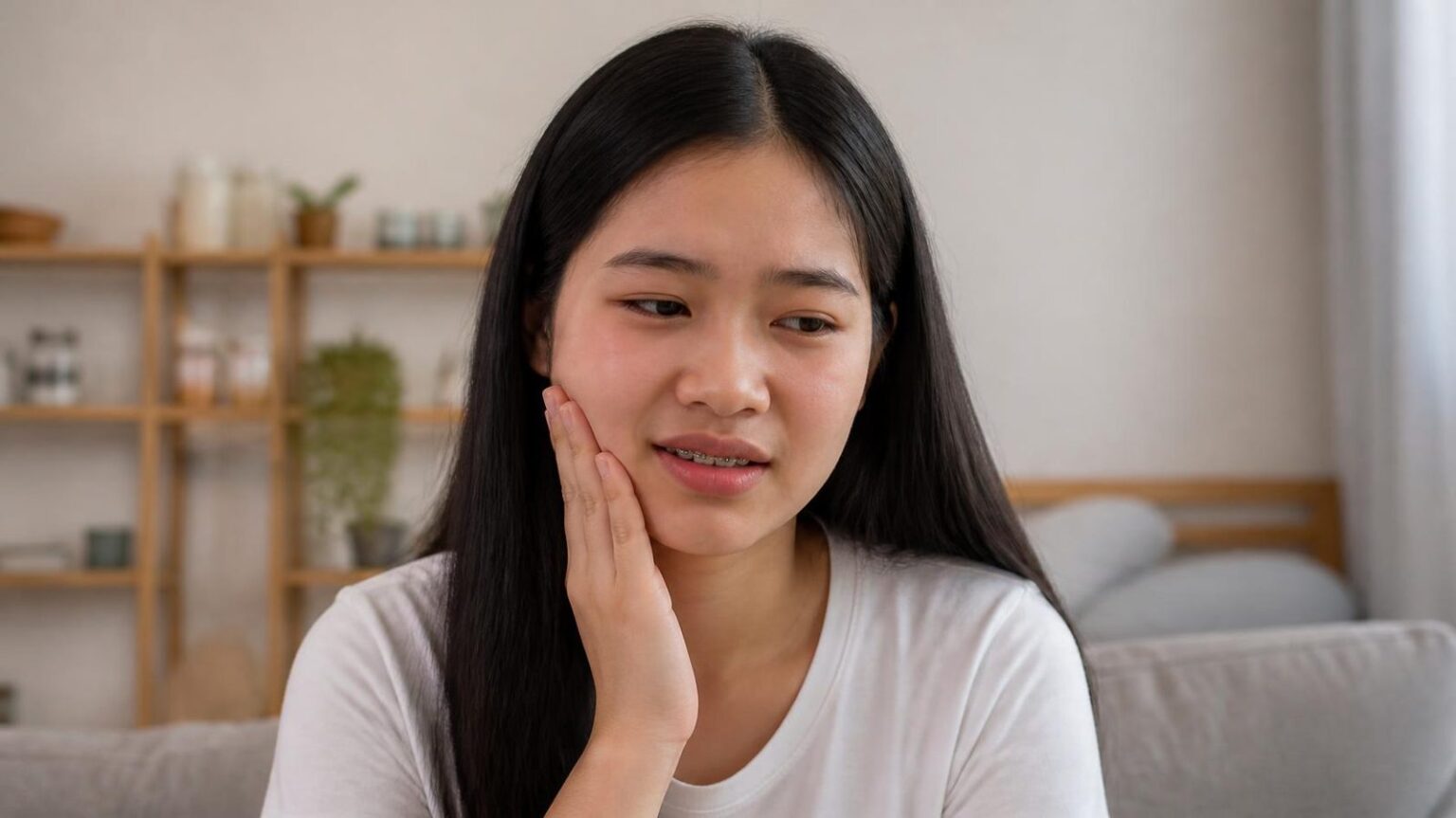 Cô gái đang niềng mắc cài đưa tay lên má vì khó chịu do dây cung chọc má - ảnh minh hoạ Nha khoa Bác sĩ Trung Long Biên