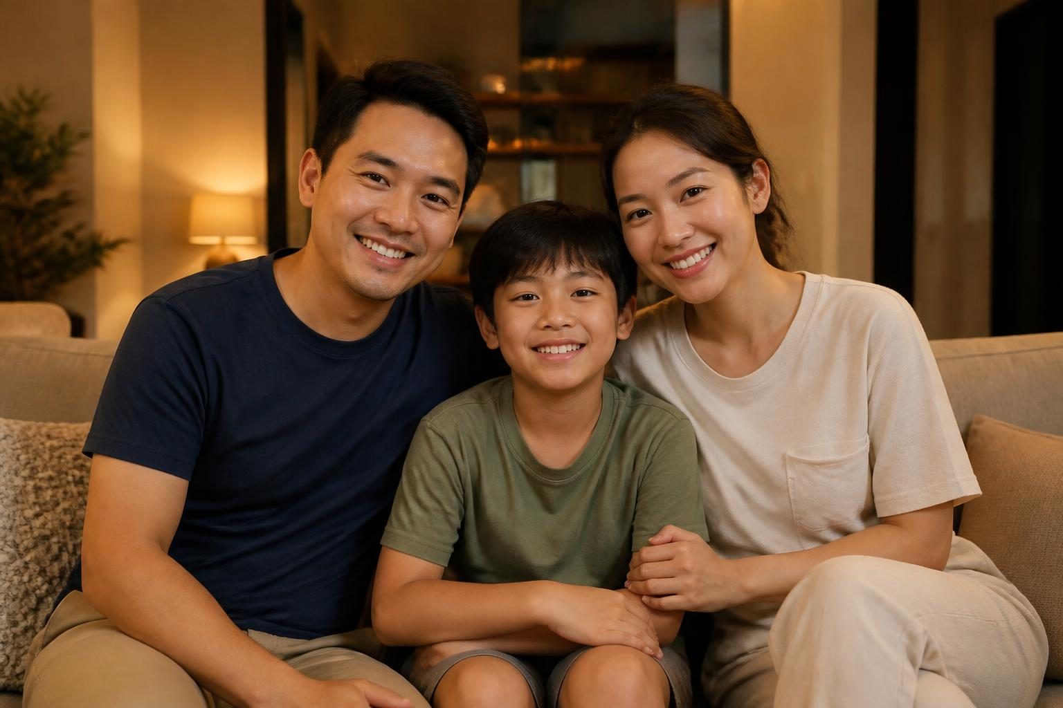 Gia đình bố mẹ và con trai ngồi cạnh nhau, yếu tố di truyền là một nguyên nhân răng hô - ảnh minh hoạ