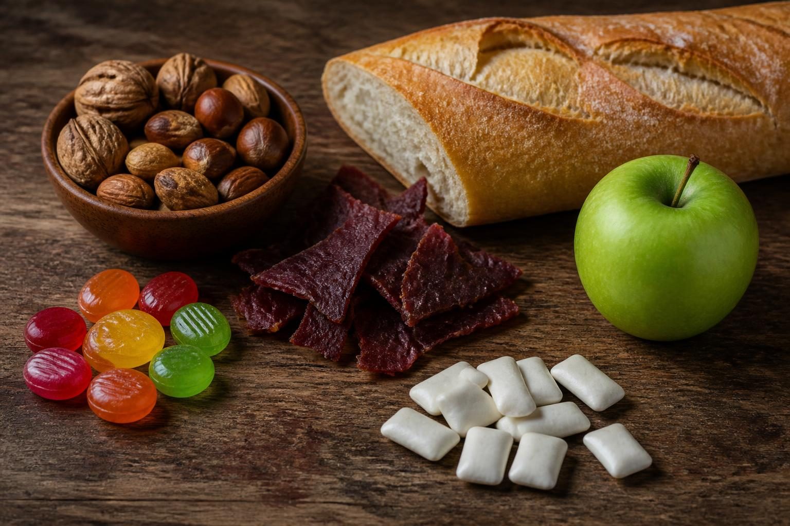 Các loại hạt cứng, kẹo cứng, khô bò, bánh mì vỏ cứng, táo nguyên quả và kẹo cao su cần hạn chế khi điều trị khớp thái dương hàm - ảnh minh hoạ