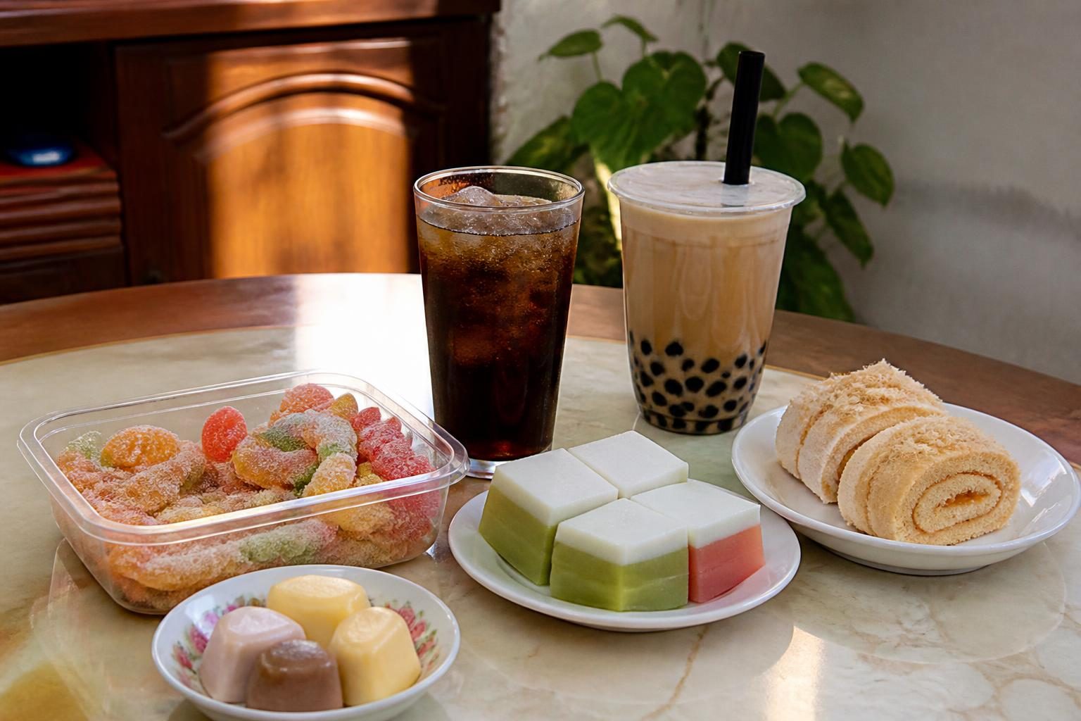 Bánh kẹo, nước ngọt và trà sữa trên bàn, thói quen ăn ngọt là một nguyên nhân gây đốm trắng trên răng - ảnh minh hoạ