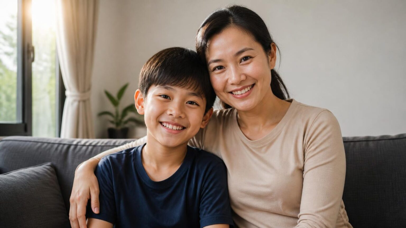 Mẹ và con trai ngồi cười bên nhau, cha mẹ tìm hiểu độ tuổi vàng để niềng răng cho con - ảnh minh hoạ Nha khoa Bác sĩ Trung Long Biên