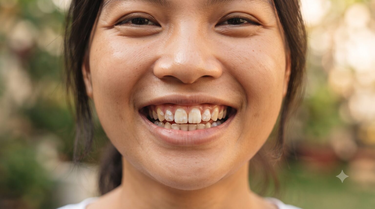 Nụ cười có các đốm trắng đục như phấn trên mặt răng cửa - ảnh minh hoạ