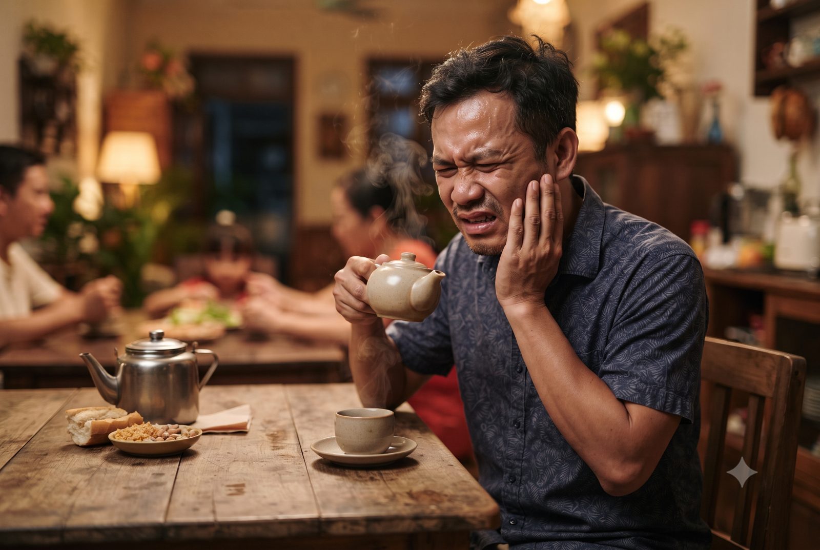 Người đàn ông nhăn mặt ôm má vì ê buốt khi uống trà nóng - ảnh minh hoạ dấu hiệu cần điều trị tuỷ răng
