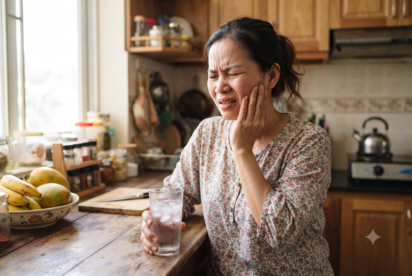 Người phụ nữ nhăn mặt ôm má vì ê buốt răng khi uống nước đá - ảnh minh hoạ hậu quả của tụt lợi