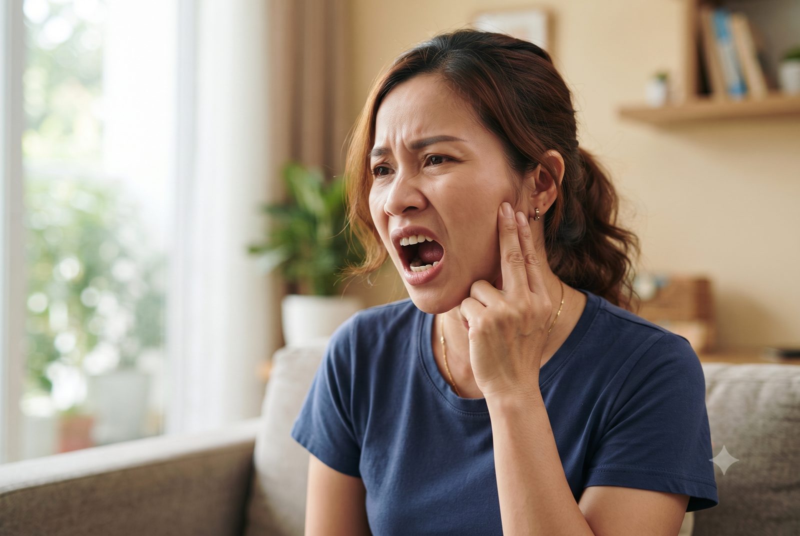 Người phụ nữ há miệng, chạm tay vào khớp trước tai khi khớp thái dương hàm kêu và giãn khớp - ảnh minh hoạ