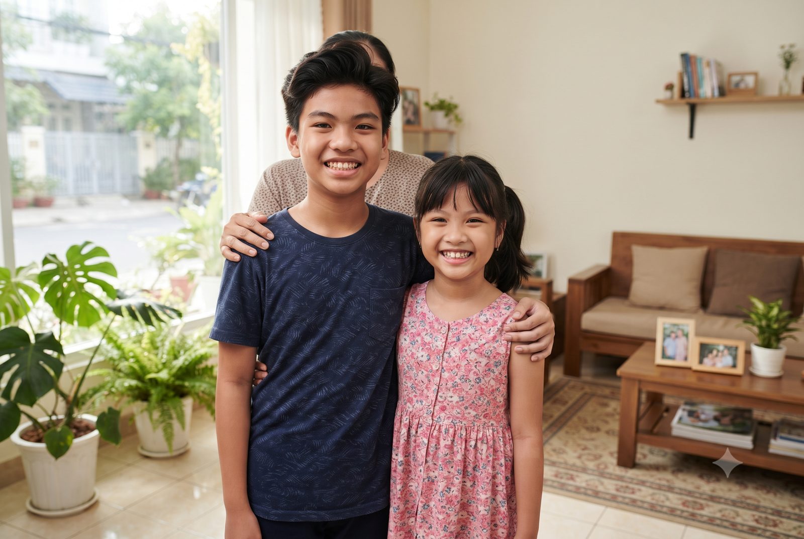 Hai anh em ở độ tuổi khác nhau cười tươi bên mẹ, độ tuổi là tiêu chí khi niềng răng ở trẻ - ảnh minh hoạ