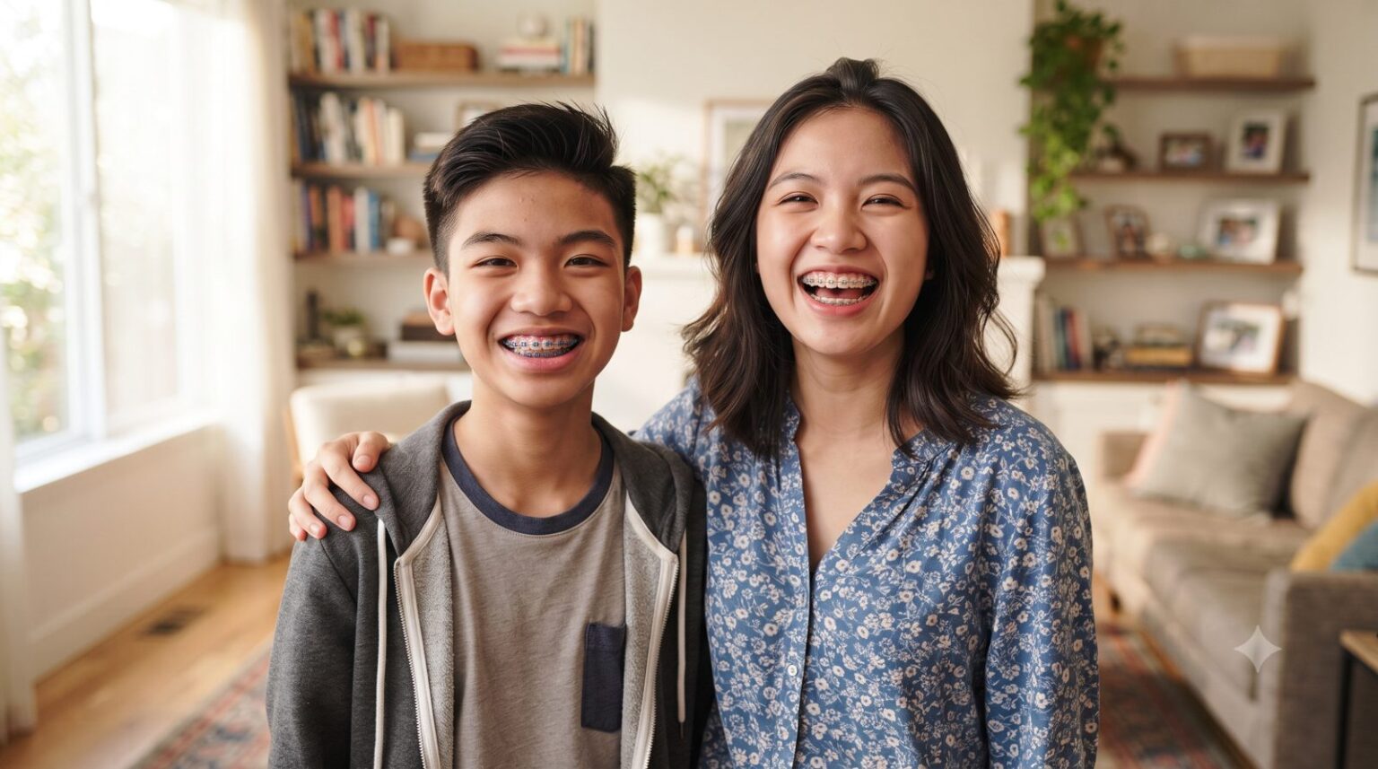 Hai chị em cười tươi, em trai niềng mắc cài kim loại, chị gái niềng mắc cài sứ - ảnh minh hoạ Nha khoa Bác sĩ Trung Long Biên