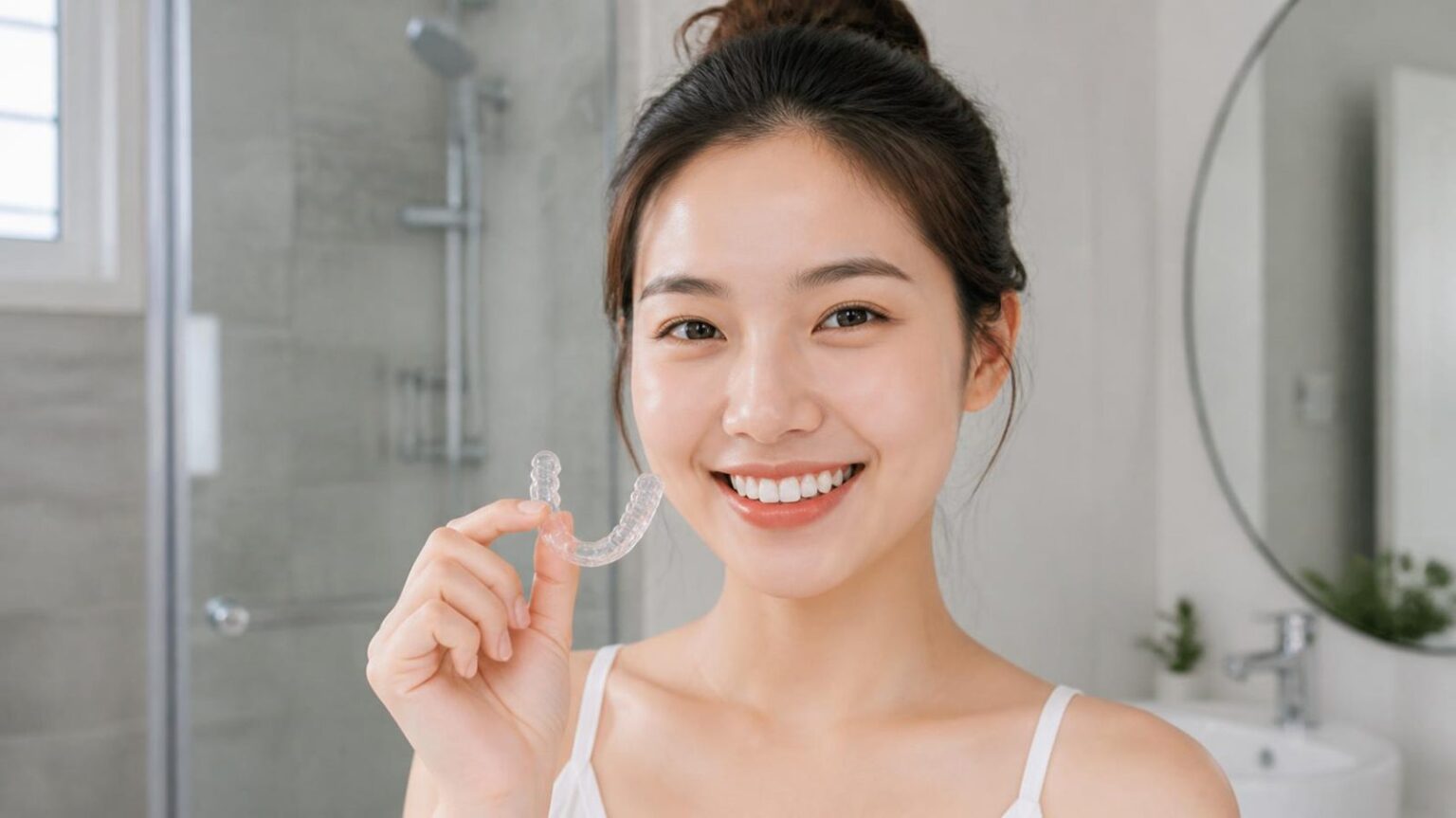 Cô gái cầm hàm duy trì trong suốt, nụ cười răng đều sau niềng, hàm duy trì là gì - ảnh minh hoạ Nha khoa Bác sĩ Trung Long Biên