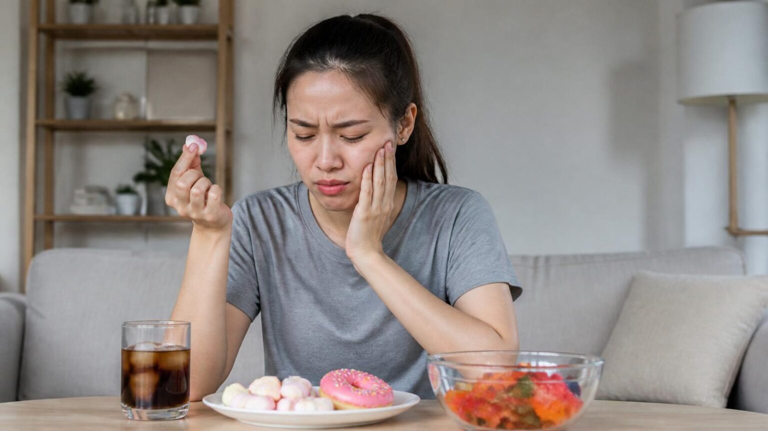 Cô gái ôm má vì đau răng khi ăn đồ ngọt, dấu hiệu sâu răng cần hàn răng - ảnh minh hoạ Nha khoa Bác sĩ Trung Long Biên