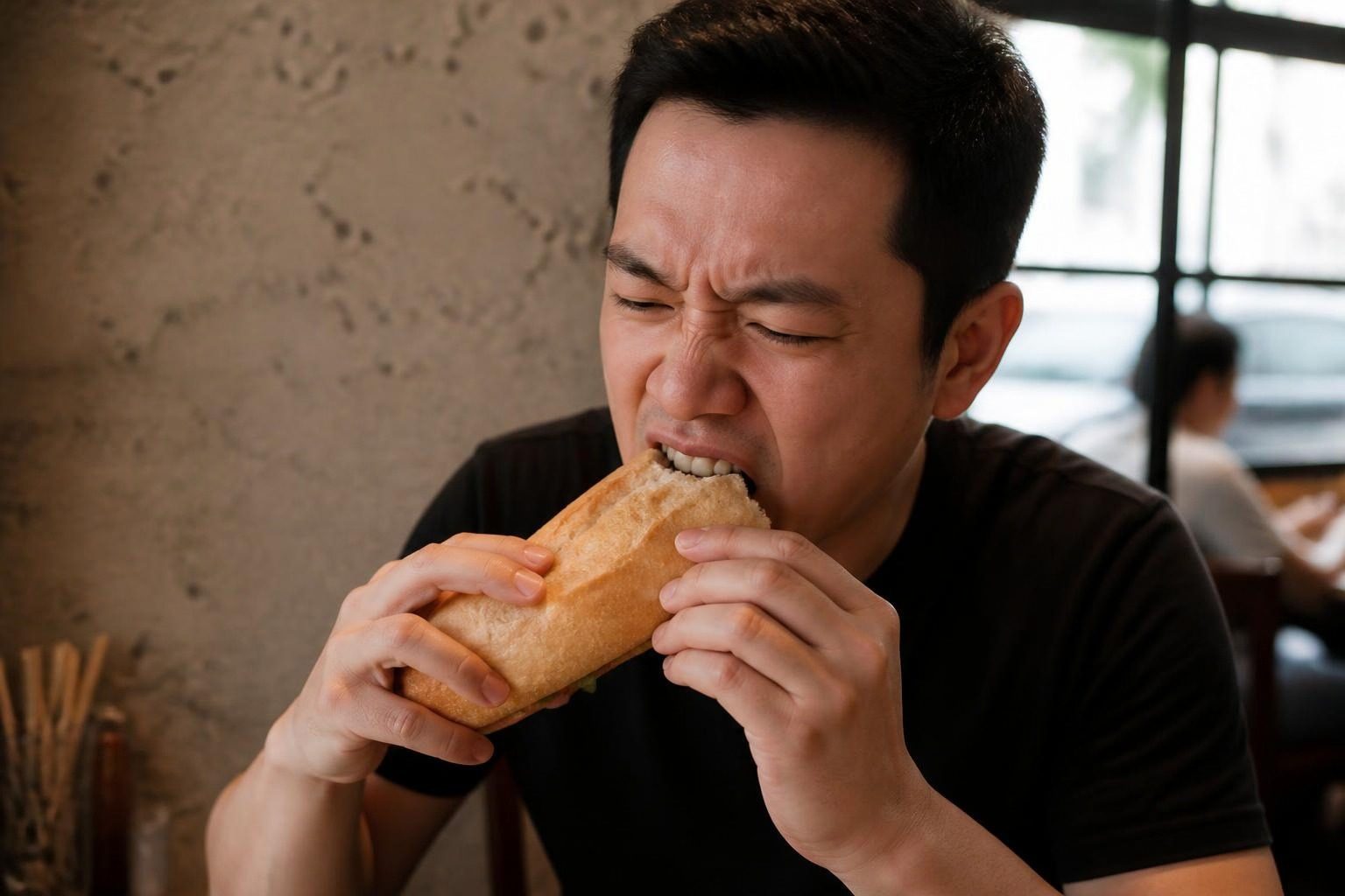 Người đàn ông cố cắn ổ bánh mì bằng răng cửa - ảnh minh hoạ ảnh hưởng của khớp cắn đối đầu đến ăn nhai