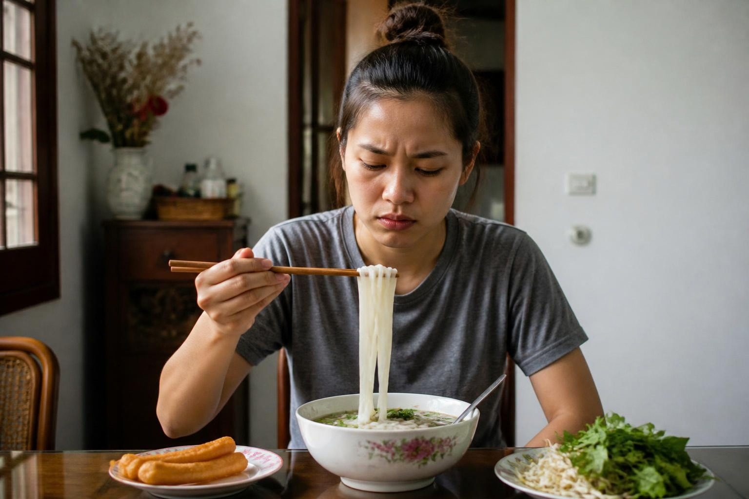 Cô gái ăn phở, nhăn mặt vì khó cắn đứt sợi bằng răng cửa - ảnh minh hoạ biểu hiện của khớp cắn hở