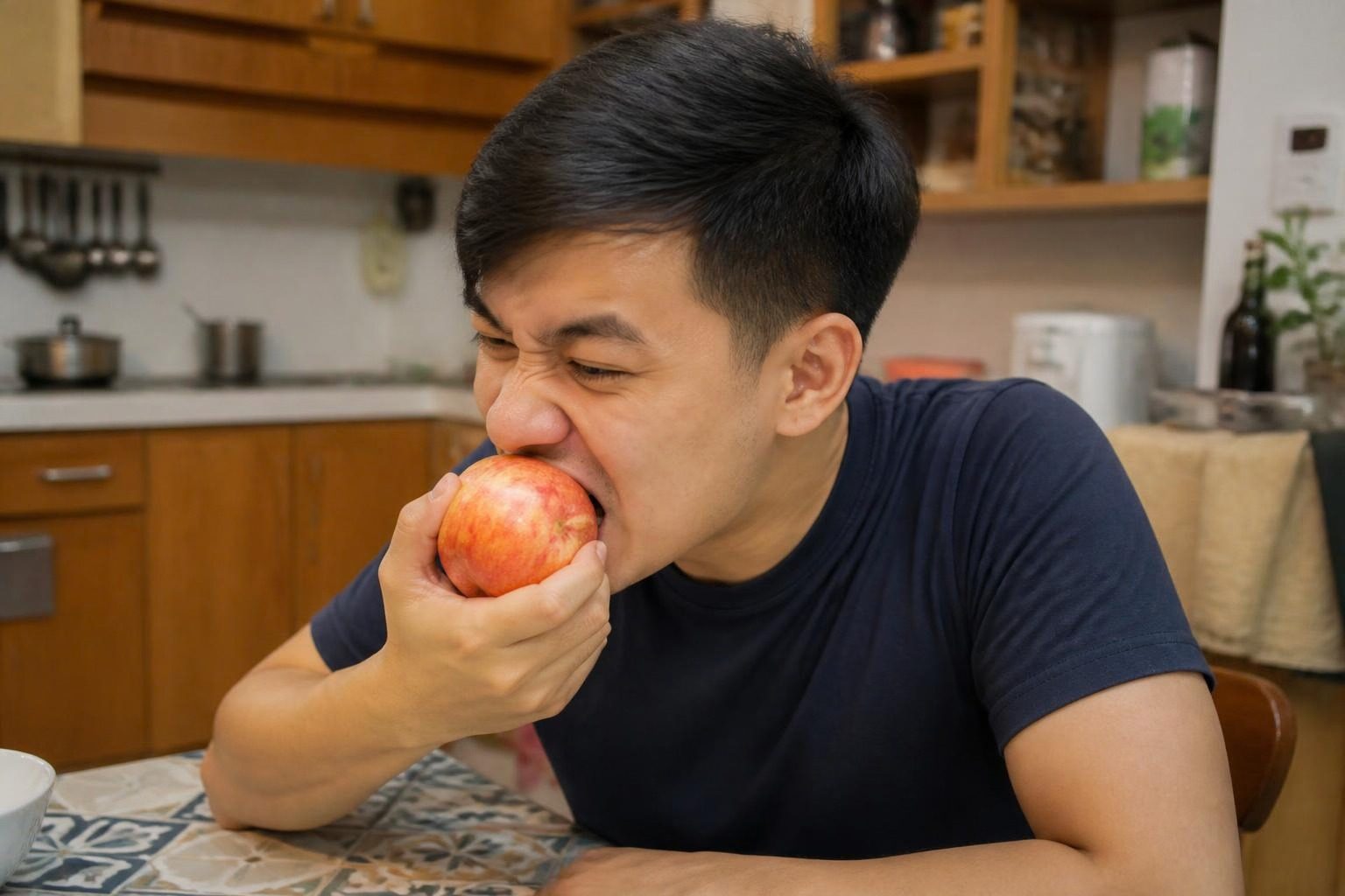 Chàng trai cố cắn quả táo bằng răng cửa - ảnh minh hoạ khó cắn xé thức ăn khi răng cắn ngược