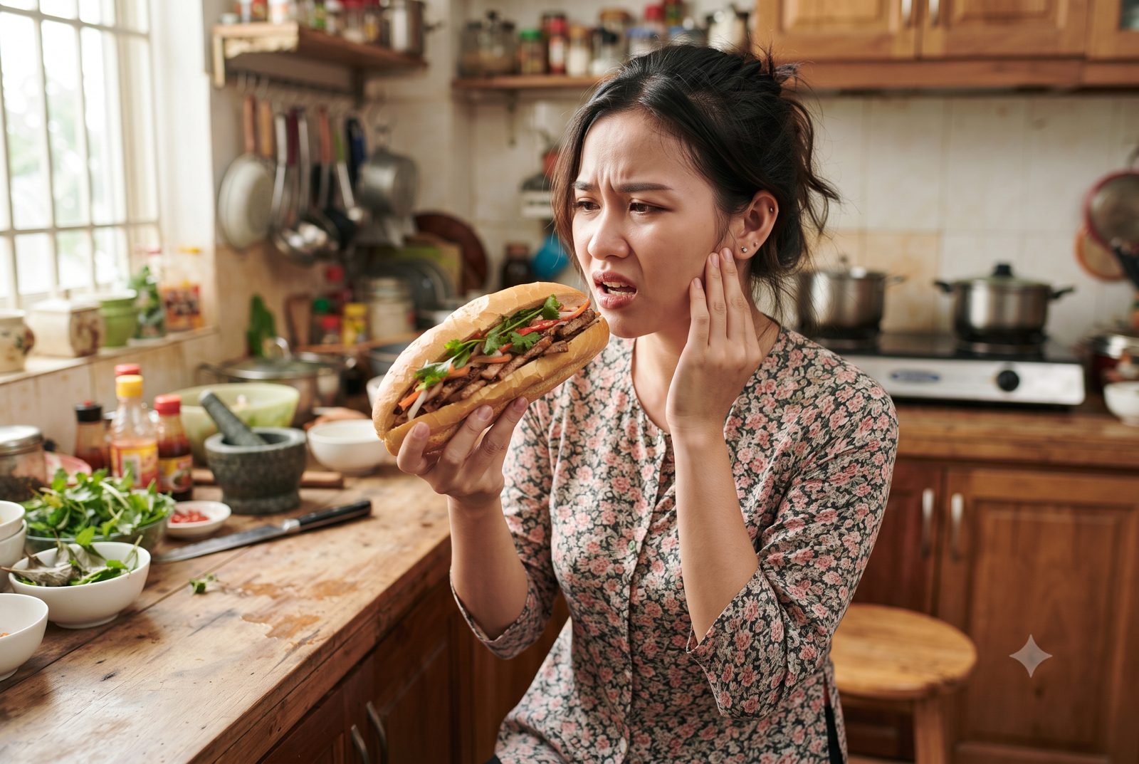 Cô gái không há miệng được để cắn bánh mì do rối loạn khớp thái dương hàm - ảnh minh hoạ