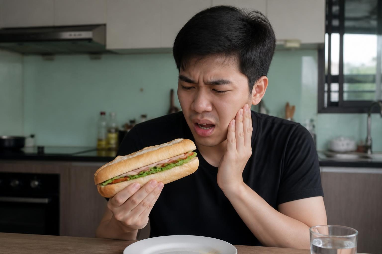 Người đàn ông đỡ hàm vì đau khi há miệng cắn bánh mì, dấu hiệu báo động của đau khớp thái dương hàm - ảnh minh hoạ