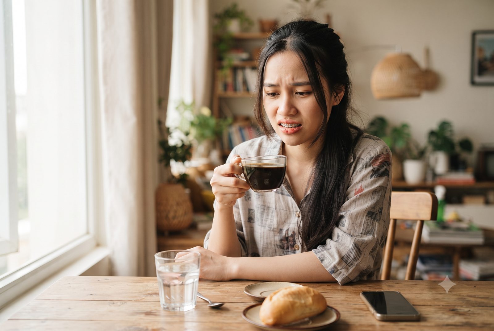 Cô gái niềng mắc cài sứ băn khoăn khi cầm tách cà phê vì lo ố màu - ảnh minh hoạ ưu nhược điểm mắc cài sứ