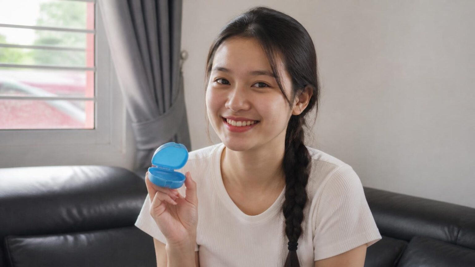 Cô gái trẻ mỉm cười cầm hộp đựng hàm duy trì, lời khuyên sau niềng răng - ảnh minh hoạ Nha khoa Bác sĩ Trung Long Biên