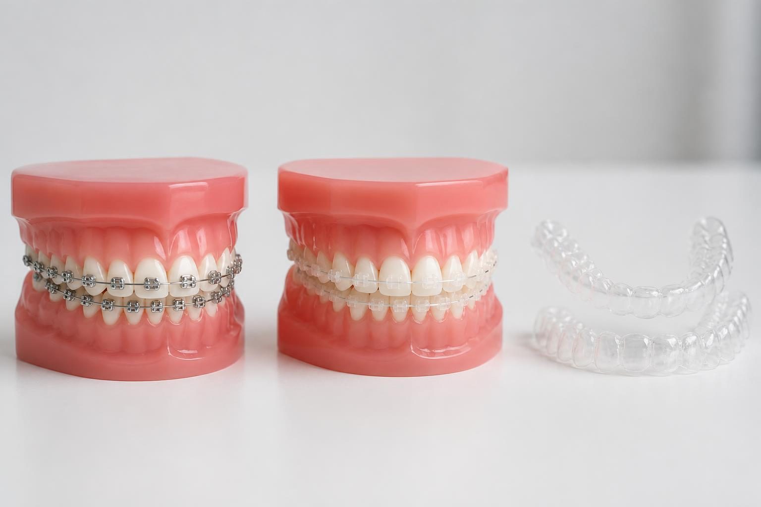 Mô hình răng gắn mắc cài kim loại, mắc cài sứ và bộ khay trong suốt, các phương pháp niềng răng - ảnh minh hoạ