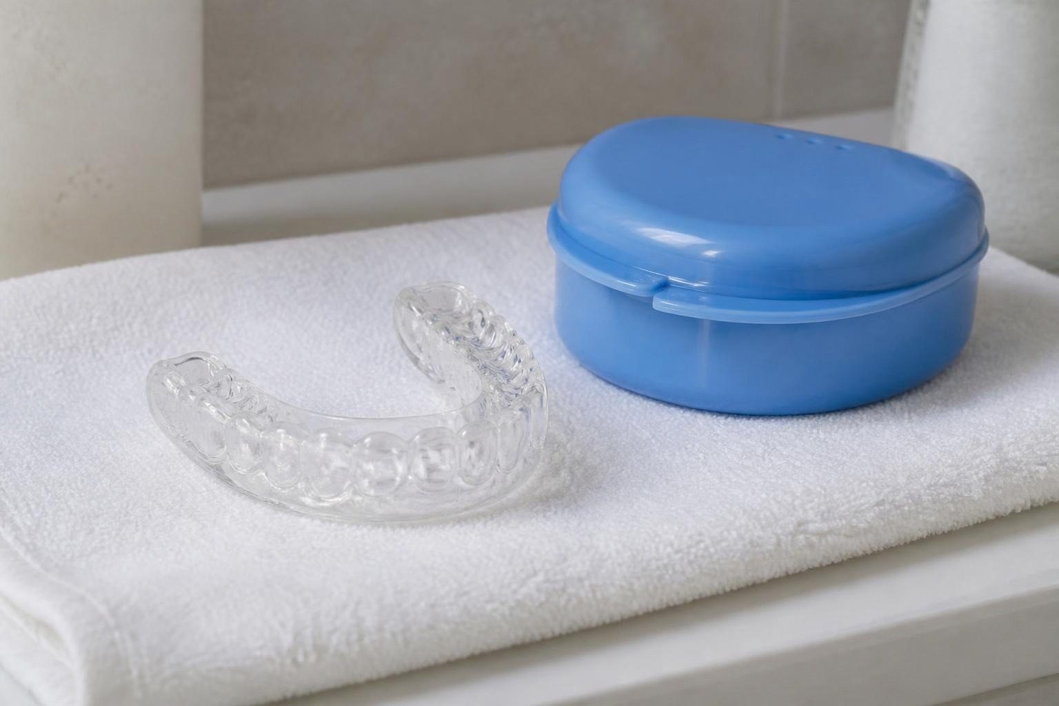 Máng nhai trong suốt đặt trên khăn trắng cạnh hộp đựng - ảnh minh hoạ điều trị khớp thái dương hàm