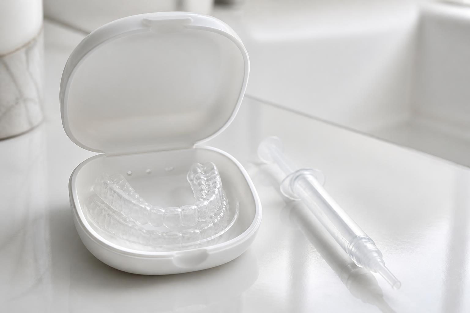 Máng tẩy trắng trong suốt trong hộp đựng cạnh ống gel tẩy trắng, một cách tẩy trắng răng - ảnh minh hoạ