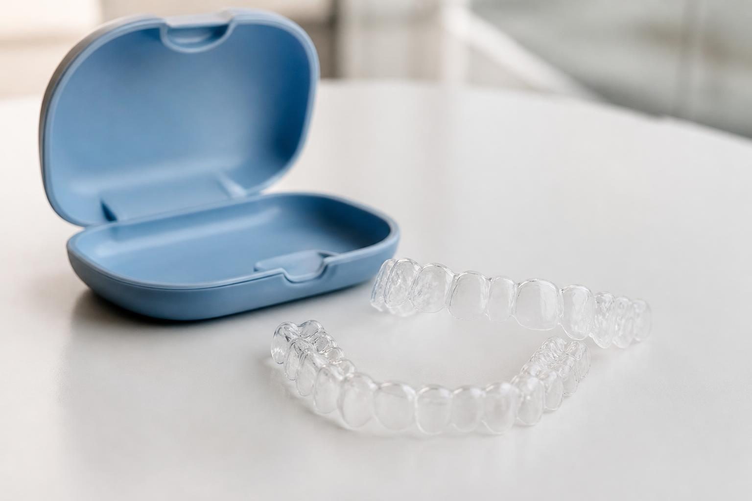 Cặp máng niềng trong suốt tháo lắp được đặt cạnh hộp đựng, khác với mắc cài gắn cố định - ảnh minh hoạ
