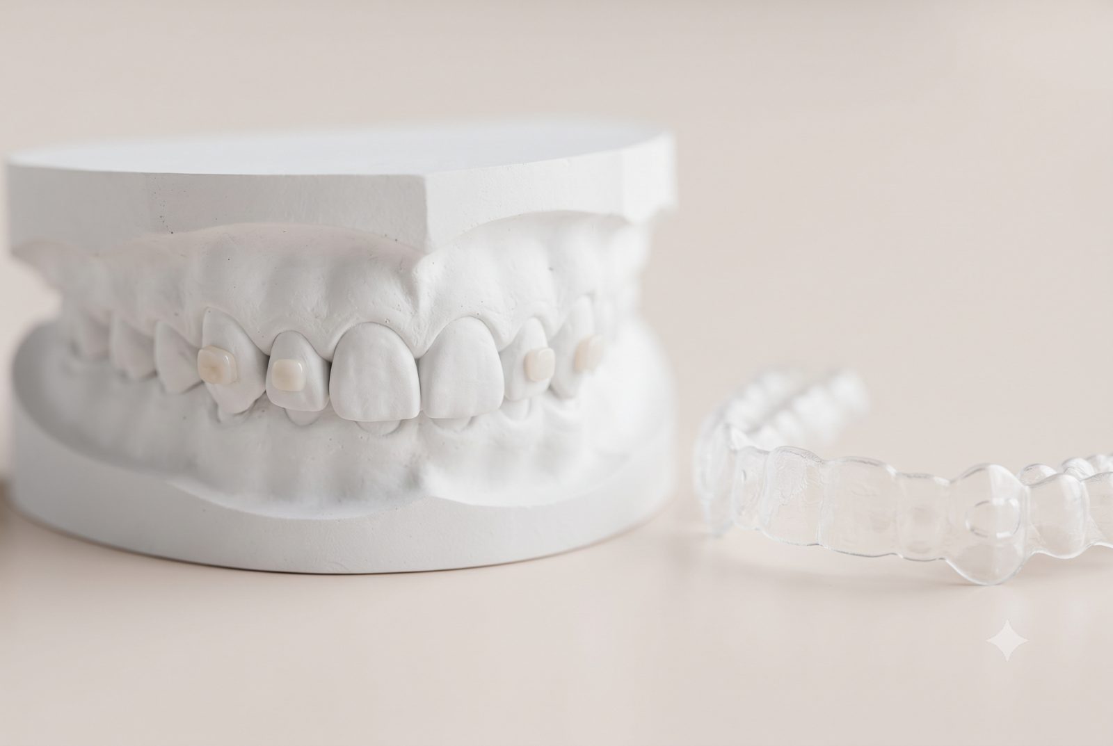 Mẫu hàm có các nút attachment nhỏ màu răng và khay niềng trong suốt đặt bên cạnh - ảnh minh hoạ