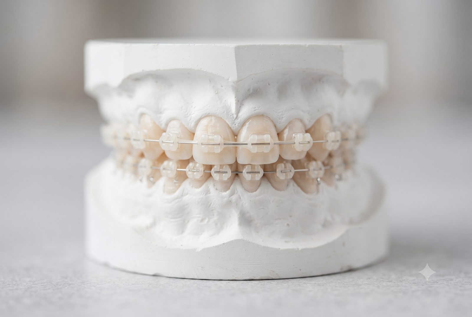 Mẫu hàm gắn mắc cài sứ trong mờ nối bằng dây cung mảnh - ảnh minh hoạ niềng răng mắc cài sứ là gì