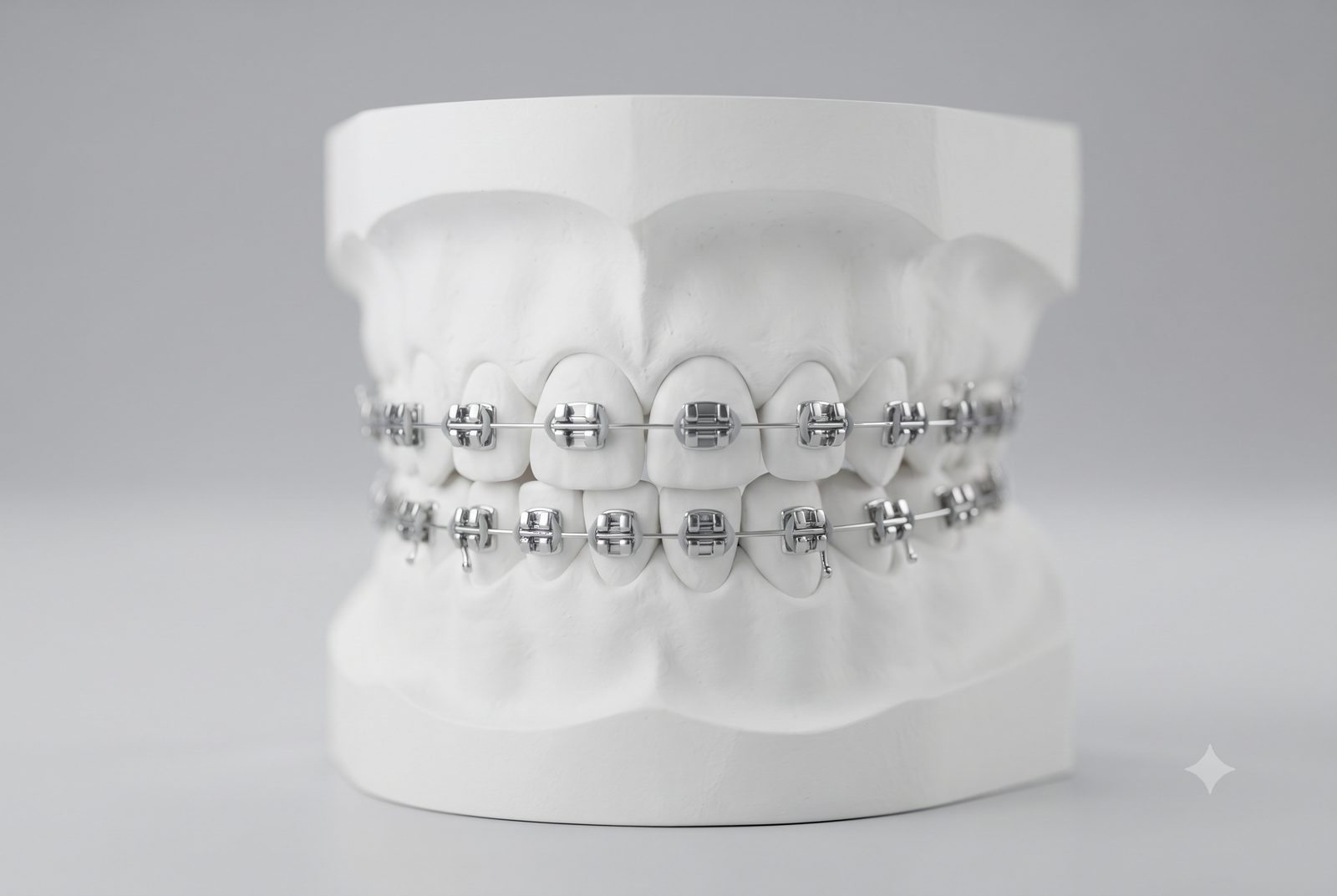 Mẫu hàm gắn mắc cài kim loại sáng bạc nối bằng dây cung và thun - ảnh minh hoạ niềng răng mắc cài kim loại