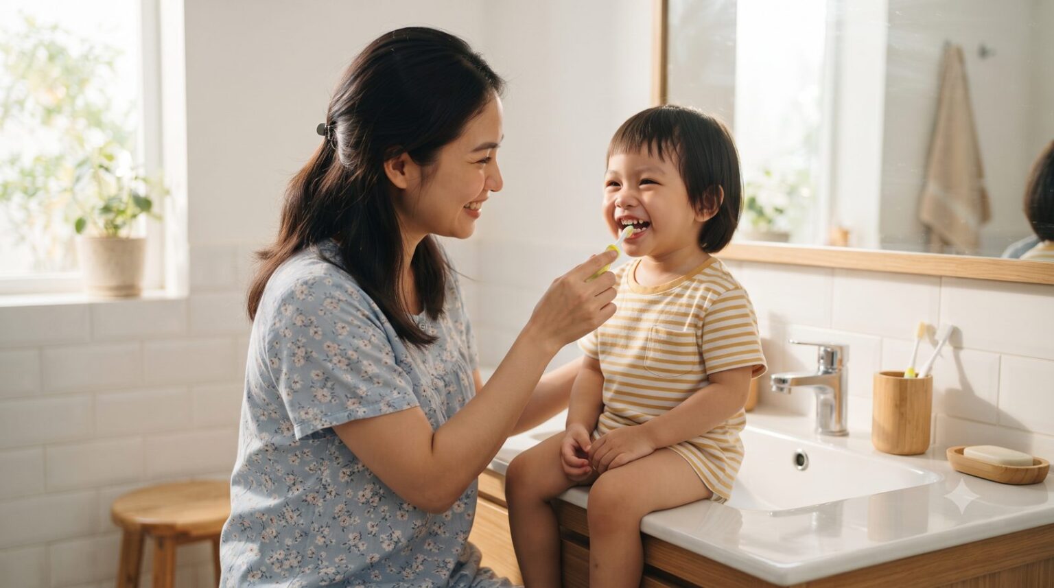 Mẹ chải răng sữa cho bé bằng bàn chải mềm, chăm sóc dự phòng sâu răng sữa - ảnh minh hoạ Nha khoa Bác sĩ Trung Long Biên