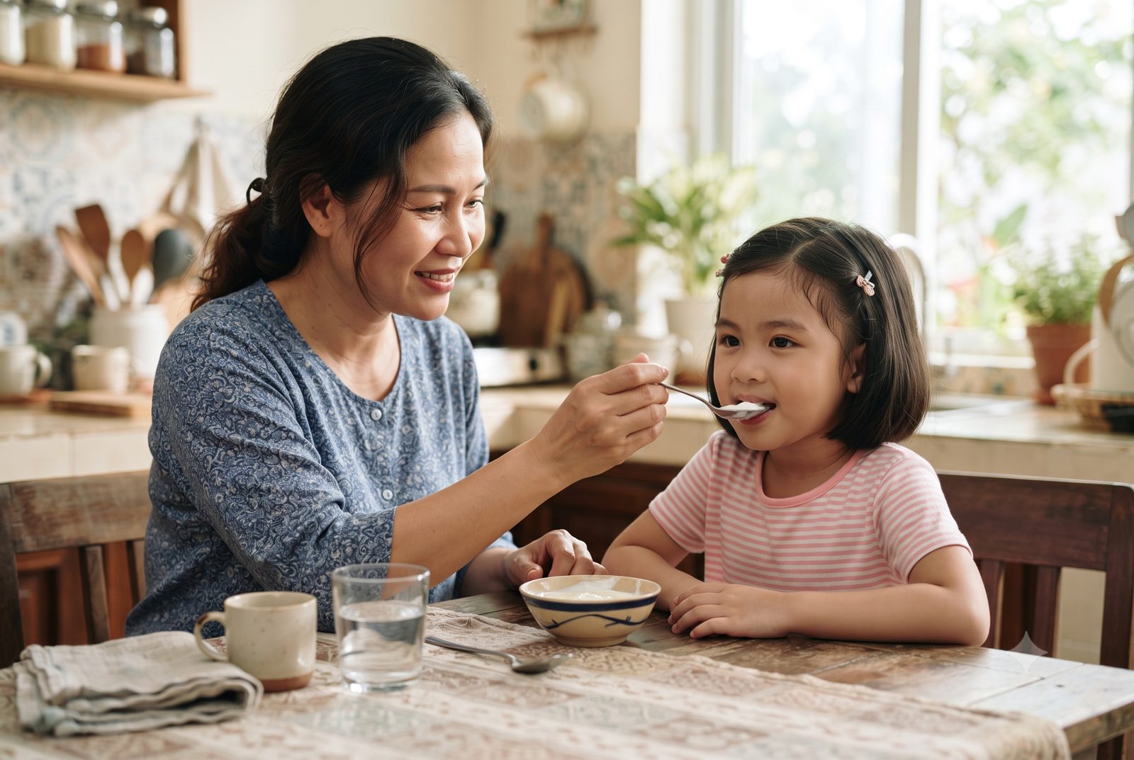 Mẹ đút sữa chua mát cho con gái nhỏ, bên cạnh cốc nước lọc - ảnh minh hoạ chăm sóc sau cắt phanh môi, thắng lưỡi