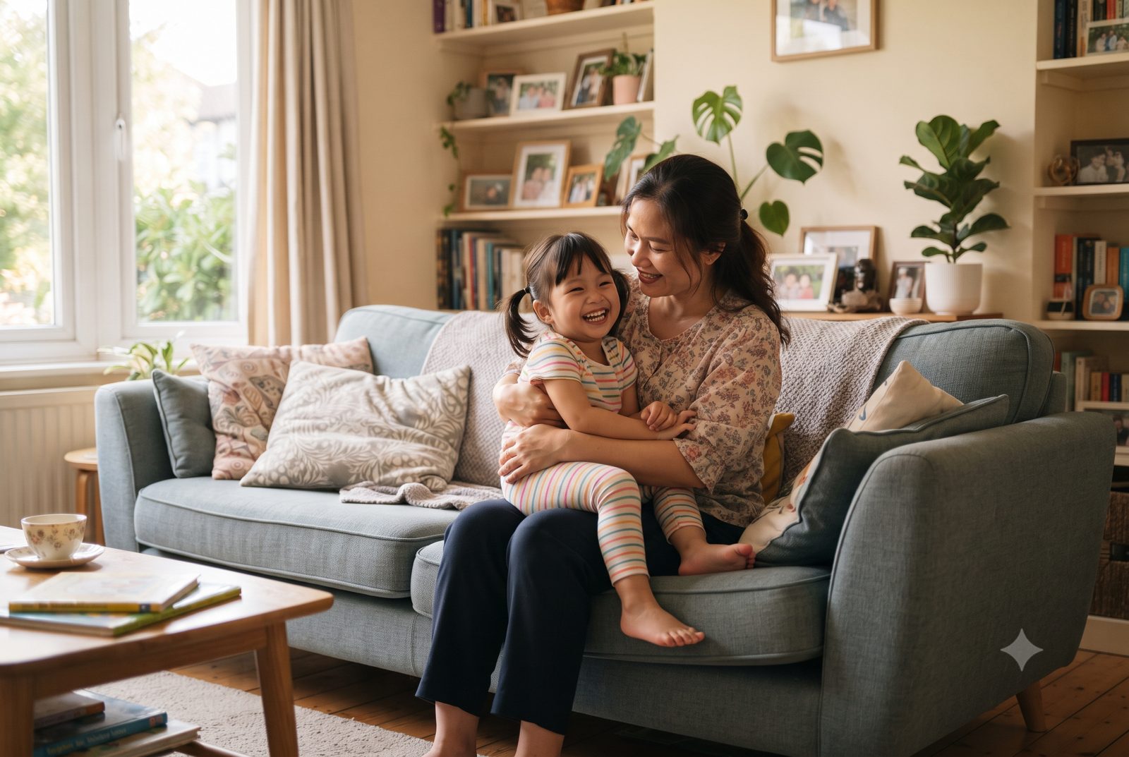 Mẹ ôm con gái nhỏ trên ghế sofa, cả hai thư thái yên tâm - ảnh minh hoạ