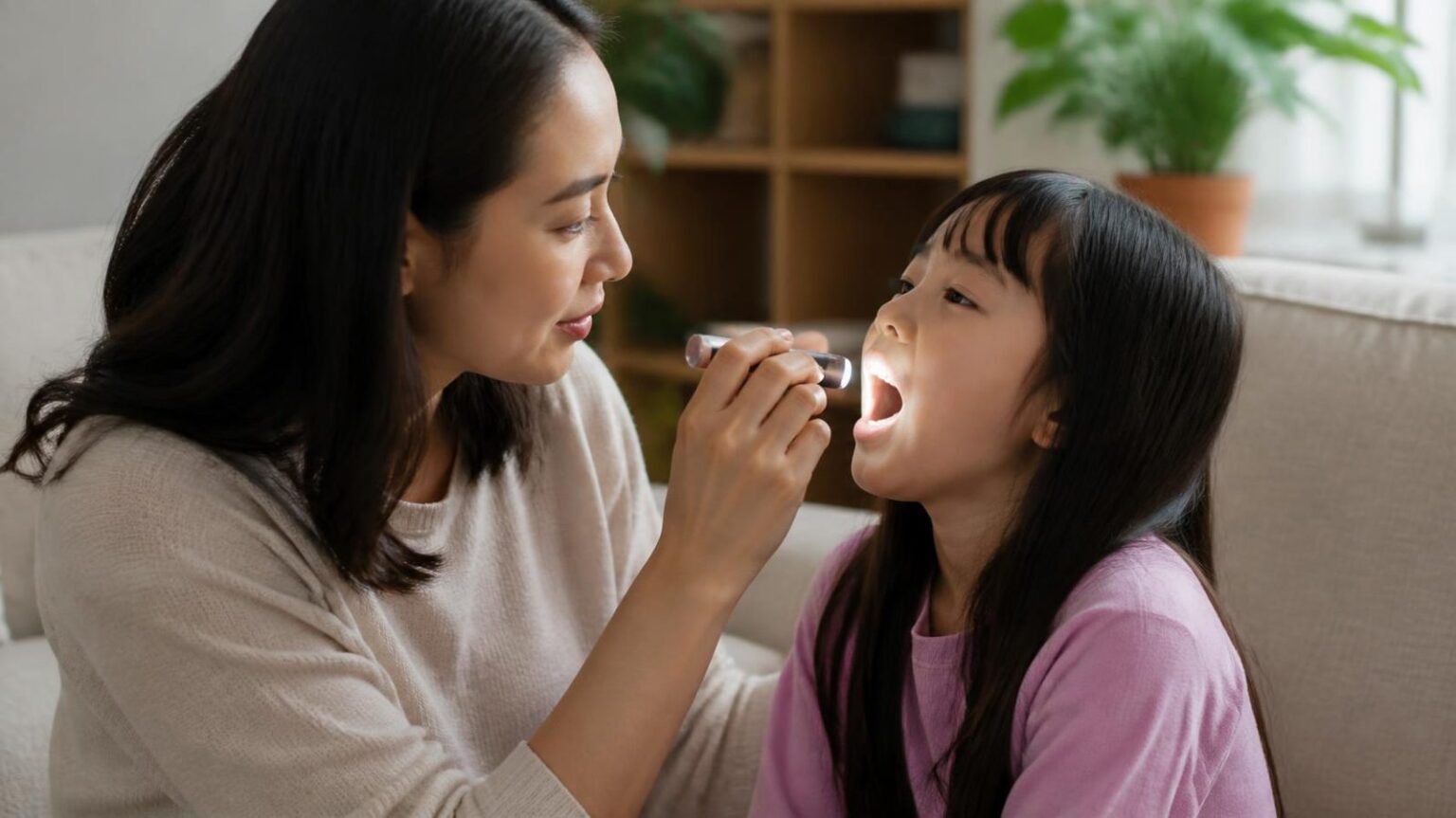 Mẹ soi đèn xem răng miệng cho con gái tại nhà, kiểm tra bệnh lý trước khi niềng răng cho trẻ - ảnh minh hoạ Nha khoa Bác sĩ Trung Long Biên
